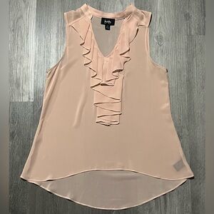 By & By Sleeveless Shirt Women’s Medium Pink Sheer Ruffle Neckline High Low Hem